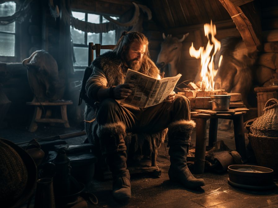 Avislæsende viking. Illustration skabt vis kunstig intelligens (Midjourney).